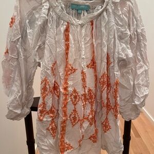 Melissa Odabash White Blouse with Orange Embroidery
